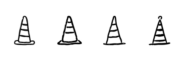 Fototapeta premium Traffic Cone Line Icon Set In Doodle Style. Road Safety, Construction Zone, And Hazard Warning Outline Sketch Collection. Hand Drawn Isolated Vector Illustration