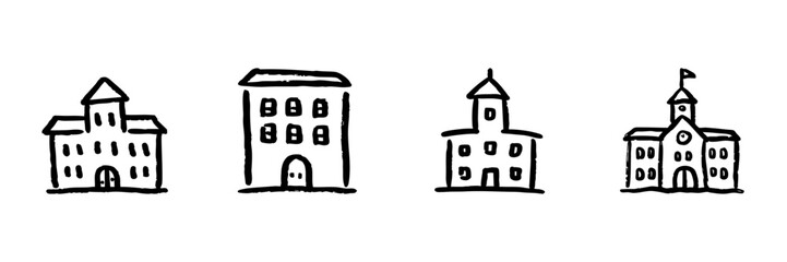 School And University Buildings Line Icon Set In Doodle Style. Educational Institutions And Architecture Outline Sketch Collection. Hand Drawn Isolated Vector Illustration