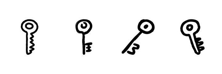 Hand-Drawn Key Line Icon Set In Doodle Style. Security, Access, And Unlocking Concept Outline Sketch Collection. Vintage And Modern Key Designs. Hand Drawn Isolated Vector Illustration