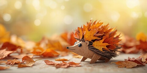 Cardboard hedgehog with autumn leaves, seasonal craft activity for children
