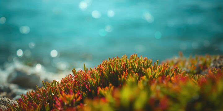 Detailed view of vibrant seaside vegetation featuring diverse hues against a blurred sea backdrop, coastal plant diversity recognition