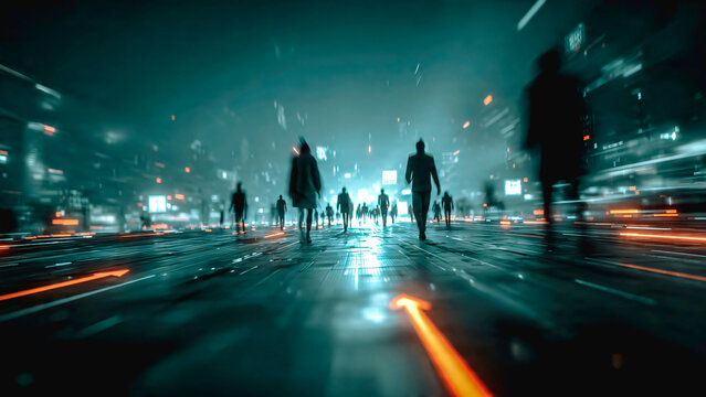 Silhouettes de gens marchant dans la nuit dans la vile