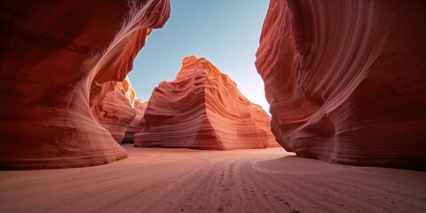 Broad view of sandstone structures in Lower Antelope Canyon, highlighting natural erosion processes, located near Lake Powell