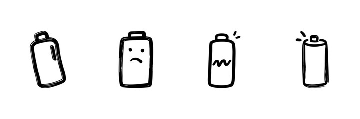Battery Status Line Icon Set In Doodle Style. Energy Levels, Charging, And Power Management Outline Sketch Collection. Hand Drawn Isolated Vector Illustration