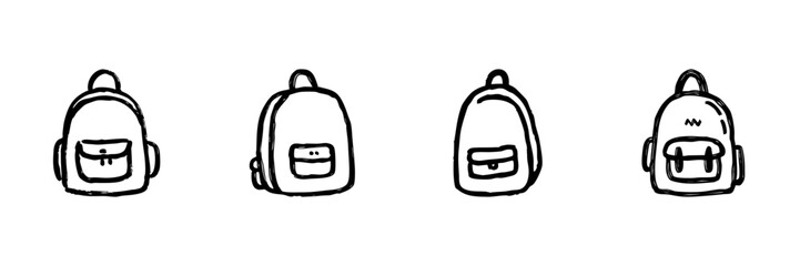Obraz premium Backpack Line Icon Set In Doodle Style. School, Travel, And Outdoor Adventure Bag Outline Sketch Collection. Hand Drawn Isolated Vector Illustration