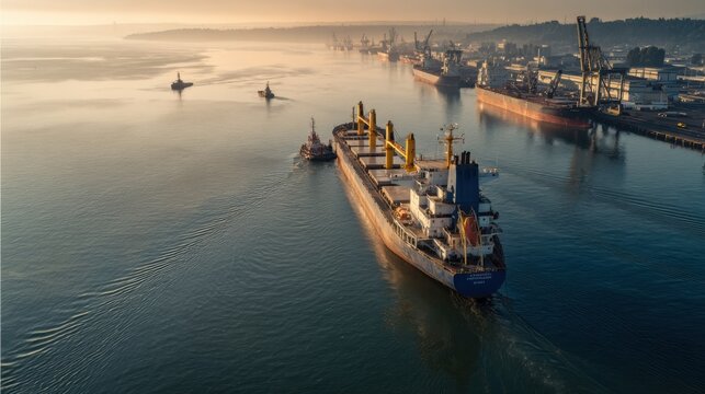 Early morning cargo ship maneuvering into berth with gentle sunlight casting long shadows focusing on the teamwork and coordination required for safe docking.
