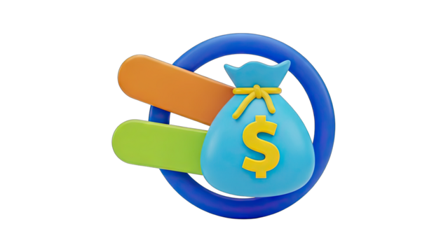 Cyan Money Bag With Yellow Dollar Sign and Blue Ring Surrounded By Orange and Green Bars On Transparent Background - Powered by Adobe