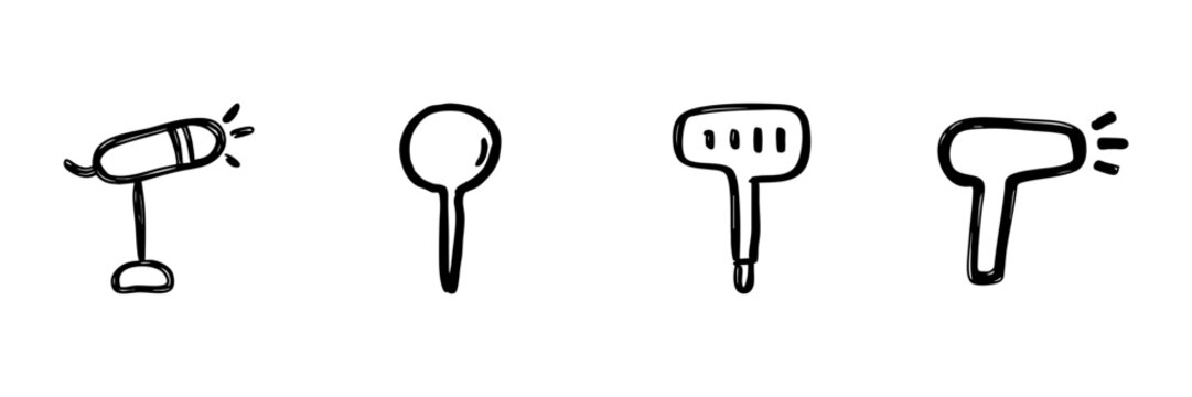 Microphone, Magnifying Glass, Hairbrush, And Hairdryer Line Icon Set In Doodle Style. Audio Recording, Search, Grooming, And Hair Styling Tools Outline Sketch. Hand Drawn Vector Illustration