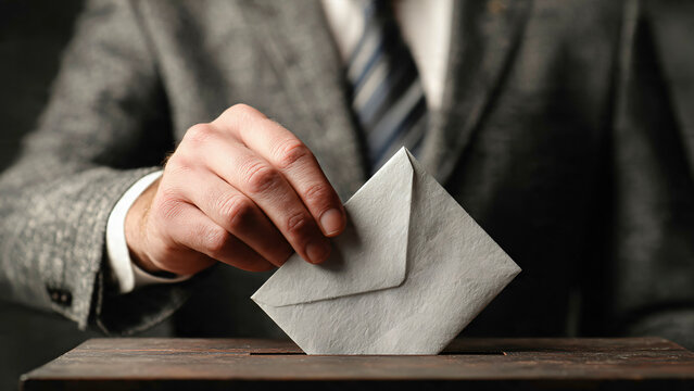 Homme d'affaires d&eacute;osant une enveloppe dans une urne