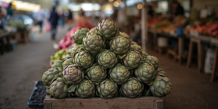 Fresh artichokes sold at an open air market in spring, seasonal produce.