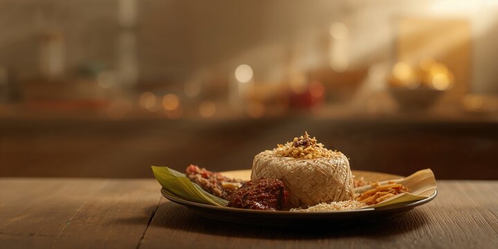 Malay Ramadan dish featuring Ketupat rice served with beef or chicken rendang and serunding, traditional festive cuisine