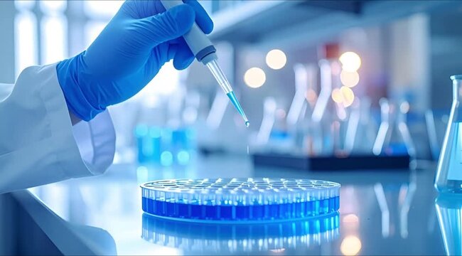 Genomic Testing Pipette Lab: Scientist&rsquo;s gloved hand transferring reagent into genomic plate