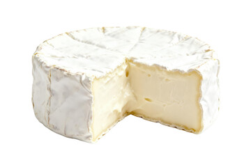 Round camembert cheese with a slice cut out showing soft interior