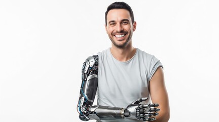 Smiling young man with advanced robotic prosthetic arm against white background. concept of futuristic technology, human-robot integration, innovation in prosthetics, white background, copy space