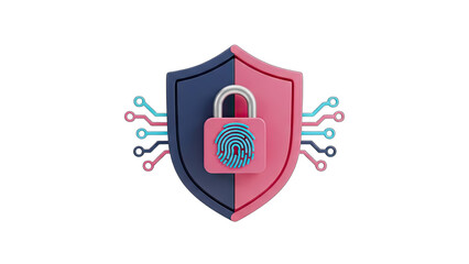 Cyber Security Shield with Padlock and Fingerprint Icon on Transparent Background Secure Data Protection Concept Digital Technology Abstract Illustration