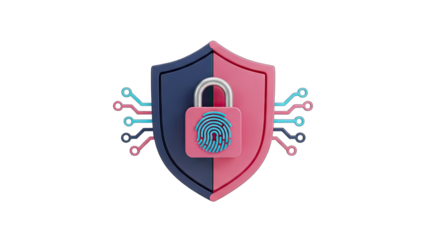 Cyber Security Shield with Padlock and Fingerprint Icon on Transparent Background Secure Data Protection Concept Digital Technology Abstract Illustration