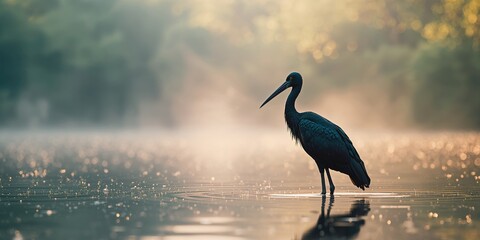 Black stork in dawn lighting, highlighting natural behavior and environment for birdwatching interest