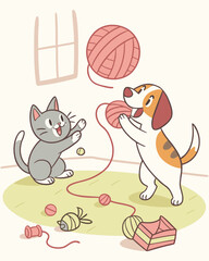 Cute Cartoon Cat and Dog Playing with Yarn Ball