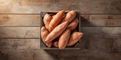 Fresh raw sweet potatoes in crate on wooden table background, food preparation, autumn harvest, orange skin, healthy diet
