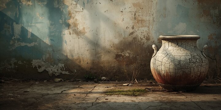 A large pot with a decorative plant at building's base, showing irreparable cracks, urban greenery maintenance issue