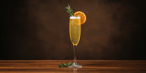 A mimosa in a flute glass garnished with orange and rosemary, set against a dark background for a cocktail presentation, World Alcohol Awareness Day