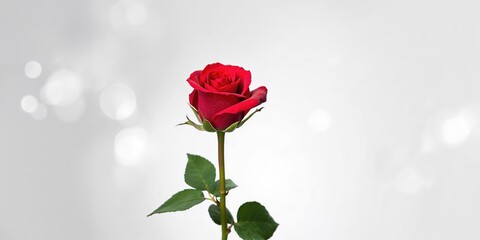 Vertical image of a vibrant red rose with leaves on a neutral background for floral design projects, World Environment Day