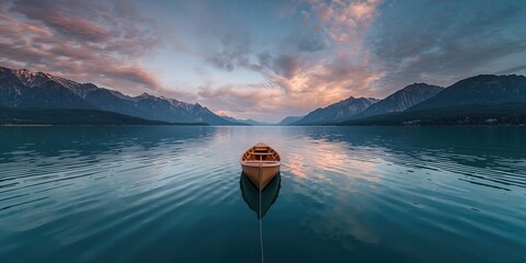 Small lake with a wooden rowboat under dramatic clouds, ideal as a tranquil background for text or layout