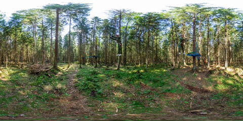 MINSK, BELARUS - 2021: full spherical hdri panorama 360 degrees angle view in jungle park in the children's entertainment center in pinery forest in equirectangular projection. VR content
