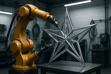 Robotic arm assembling a metal star in industrial workshop. concept of precision engineering, robotics technology, manufacturing process