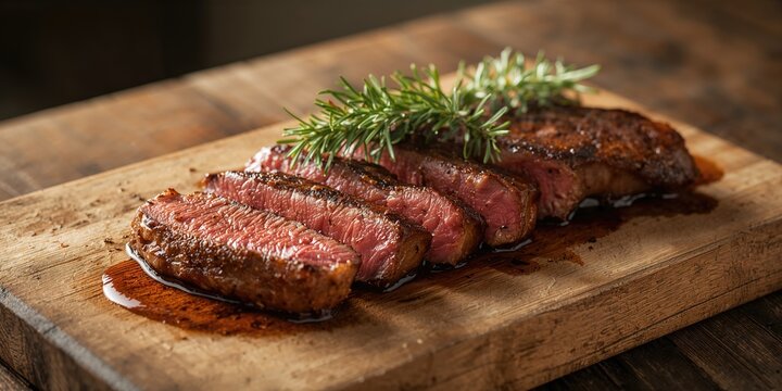 Juicy well-done steak with sauce placed on a wooden board, food presentation and texture