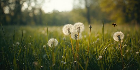 Dandelions growing amid green grass in spring, suitable for editorial header backgrounds or UI backdrops