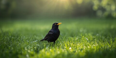 Eurasian blackbird resting on grass, illustrating typical ground-level avian behavior, World Bird Day