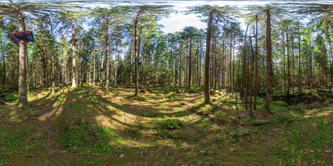 MINSK, BELARUS - 2021: full spherical hdri panorama 360 degrees angle view in jungle park in the children's entertainment center in pinery forest in equirectangular projection. VR content