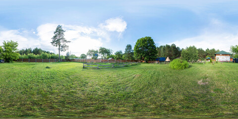 3D spherical panorama with 360 viewing angle. Ready for virtual reality or VR. Full equirectangular projection. Cold blue sky with green grass and with some trees at summer.