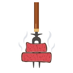 Grilled Meat on Fork Vector Illustration. Flat design vector of grilled steak on a fork with steam and seasoning. Delicious BBQ beef or pork concept isolated on a white background.