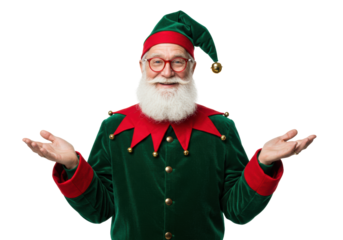 cheerful elderly caucasian man in a vibrant green and red velvet elf costume and festive glasses, presenting gesture, isolated on a bright white studio background with copy space. concept for