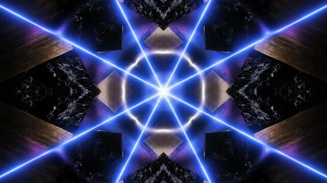 Celestial Rays: An abstract geometric composition showcases a mesmerizing display of blue light beams converging at a central point, against a backdrop of complex textures. 