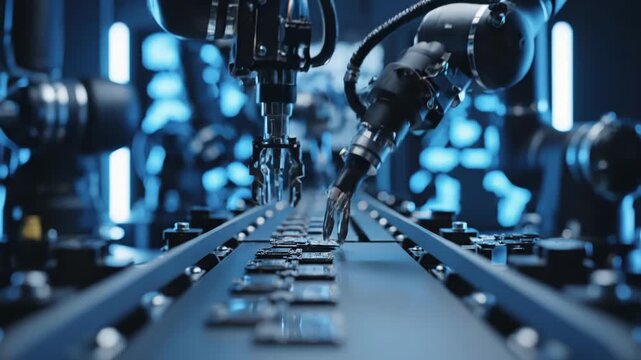 Automated robotic arm assembly line placing electronic circuit board component on conveyor belt in factory