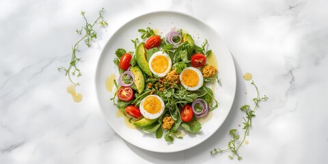 Healthy keto meal with avocados eggs arugula and cherry tomatoes for balanced nutrition, World Health Day