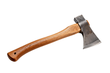 A wooden handled axe with a sharp metal blade for outdoor activities