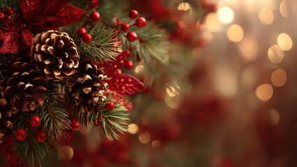 Beautiful Christmas border decorated with glowing pine cones, red berries, and fir branches over a warm golden bokeh background with abundant copy space for seasonal designs.