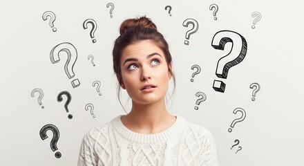 Woman looking up with question marks around her head. Concept of uncertainty, doubt, confusion, making choice or finding solution for problem.