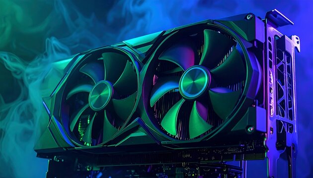 A close-up view of a high-performance computer component, featuring dual fans and a detailed circuit board illuminated by vibrant, multicolored lights