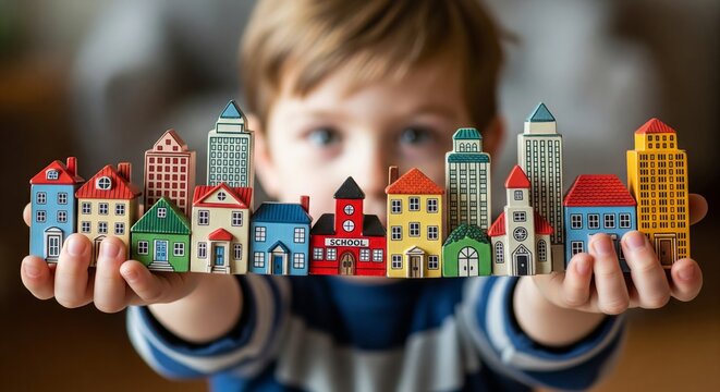 Cute boy child holding miniature colorful toy houses illustrating urban planning and dreaming of owning a home and future community development