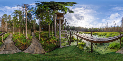 Full seamless 360 degree HDRI spherical panorama. Tower for hunters with video surveillance cameras for animals and windows for guns. Hunting tower in a swamp in a dense forest in sunny weather