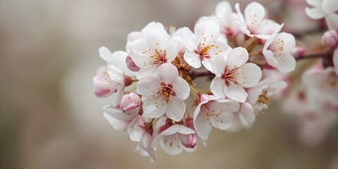 Detailed view of white flowers with pink tips and yellow stamens, ideal for botanical study backgrounds