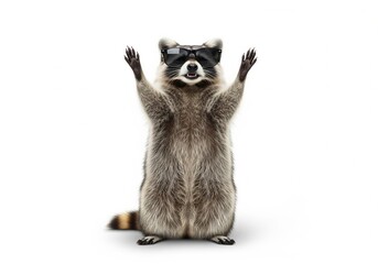 Obraz premium Raccoon stands on hind legs wearing sunglasses with paws raised. Cute animal with funny gesture. Mascot for playful brand or childrens content.