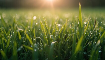 Fresh green grass blades with dew drops in a close-up shot, ideal for nature-themed backgrounds and UI backdrops, Earth Day