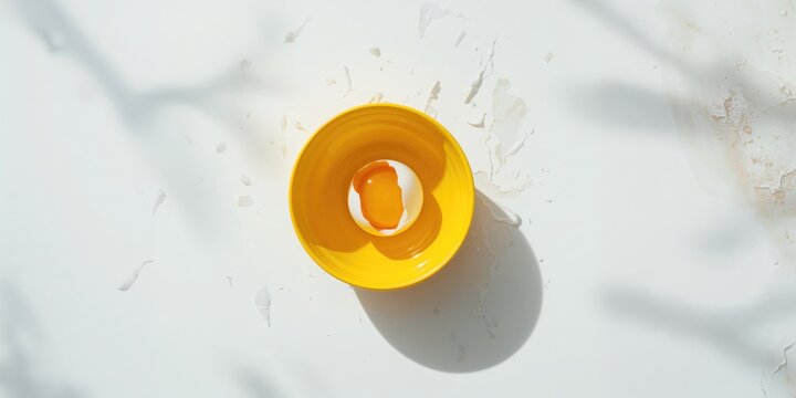 Cracked egg in a yellow dish set against a white abstract backdrop, showcasing kitchen prep techniques