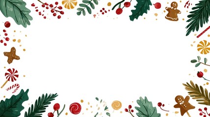 Naklejka premium Festive holiday border with gingerbread, candy canes, and evergreen leaves